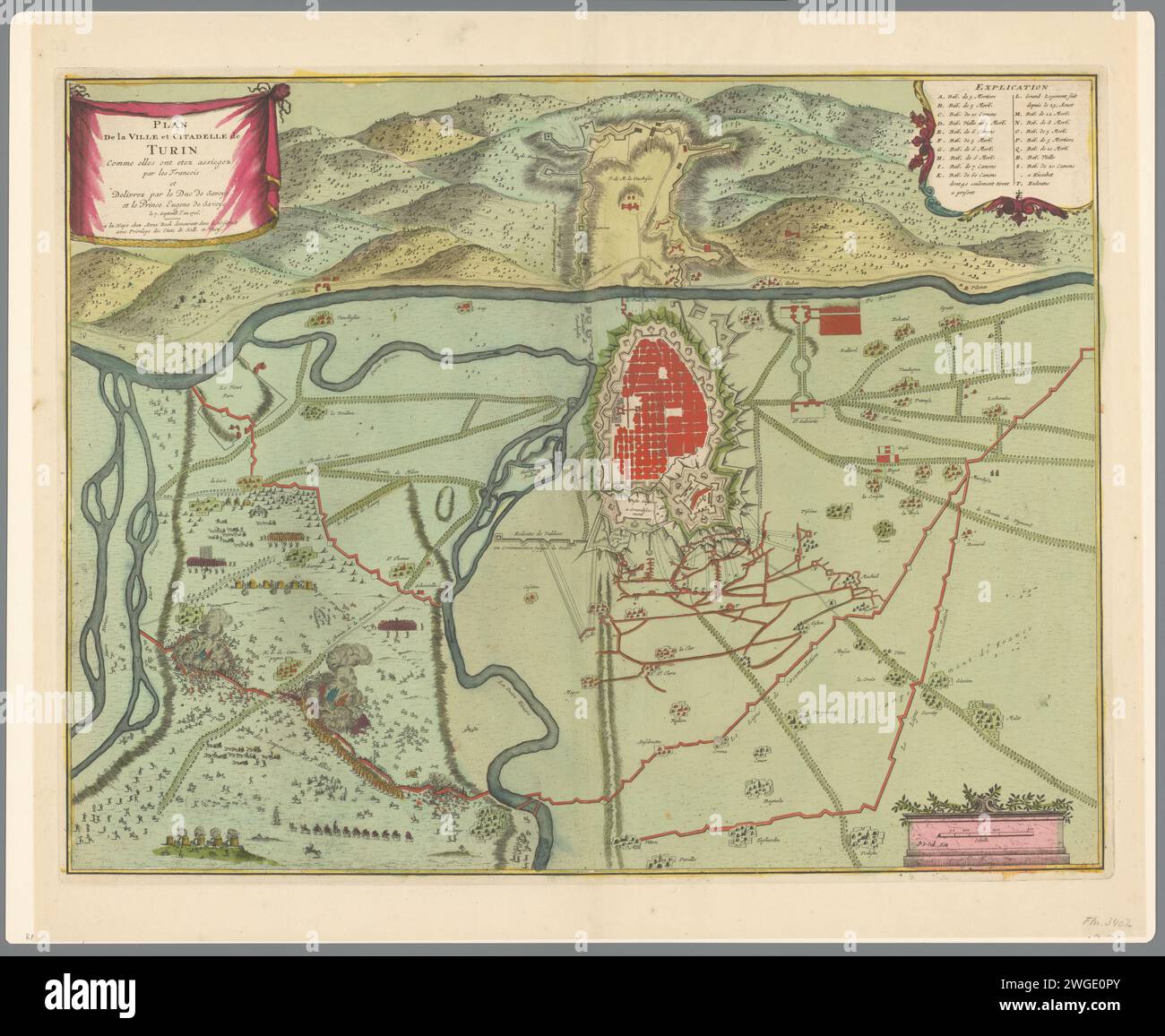 Assedio e sollievo di Torino, 1706, 1706 Stampa mappa di Torino, assediata dai francesi e sollevata dagli Alleati sotto il principe di Savoia il 7 settembre 1706. In alto a destra un cartiglio con la Legend A-T in francese. Tipografia: Northern Netherlandspublisher: L'Aia cartaceo che incide mappe delle città. Alzare l'assedio con l'aiuto esterno, soccorrere Torino Foto Stock