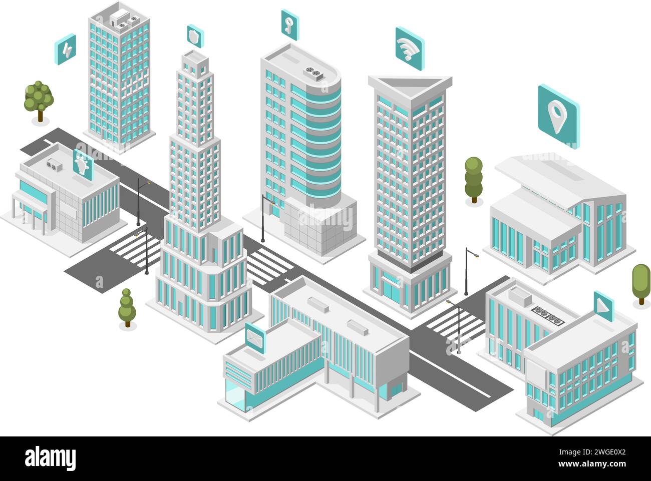 Città intelligente isometrica, sobborgo digitale con Internet gratuito e sistema di navigazione. Tecnologie in città, grattacieli urbani moderni, concetto vettoriale impeccabile Illustrazione Vettoriale