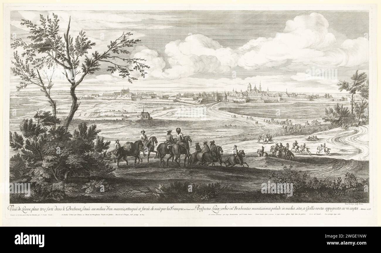 Veduta di Zoutleeuw, 1678, 1685 stampa veduta della città di Zoutleeuw (Leeuwe o Léau), conquistata dall'esercito francese sotto il re Luigi XIV il 4 maggio 1678. In primo piano un gruppo di ufficiali a cavallo. Probabilmente un progetto per un gobelin. Tipografia: Franceafter disegno di: Francepublisher: Paris paper etching / incisione prospettiva della città, panorama della città, silhouette di City Salt Lion Foto Stock
