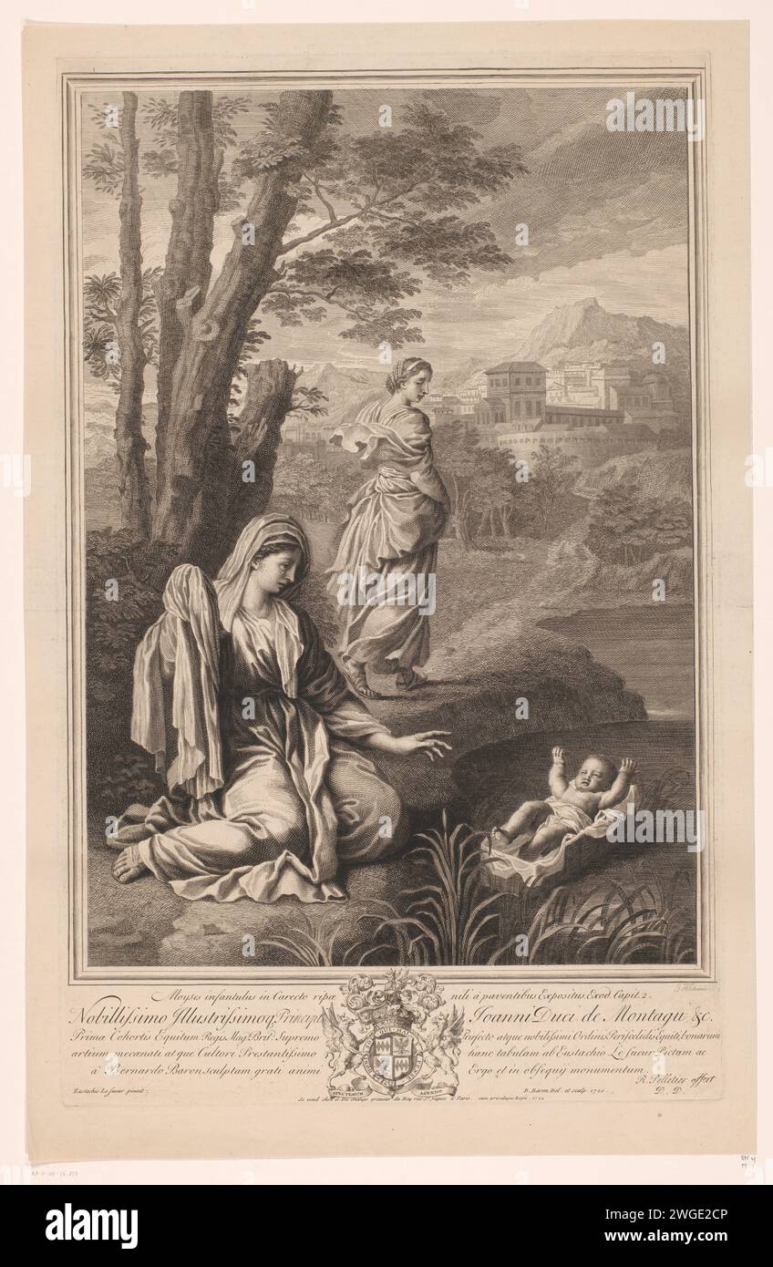 Mosè in un cesto sul Nilo, Bernard Baron, dopo Eustache Lesueur, 1720 tipografia: Francepublisher: Paris paper etching / incisione . Foto Stock
