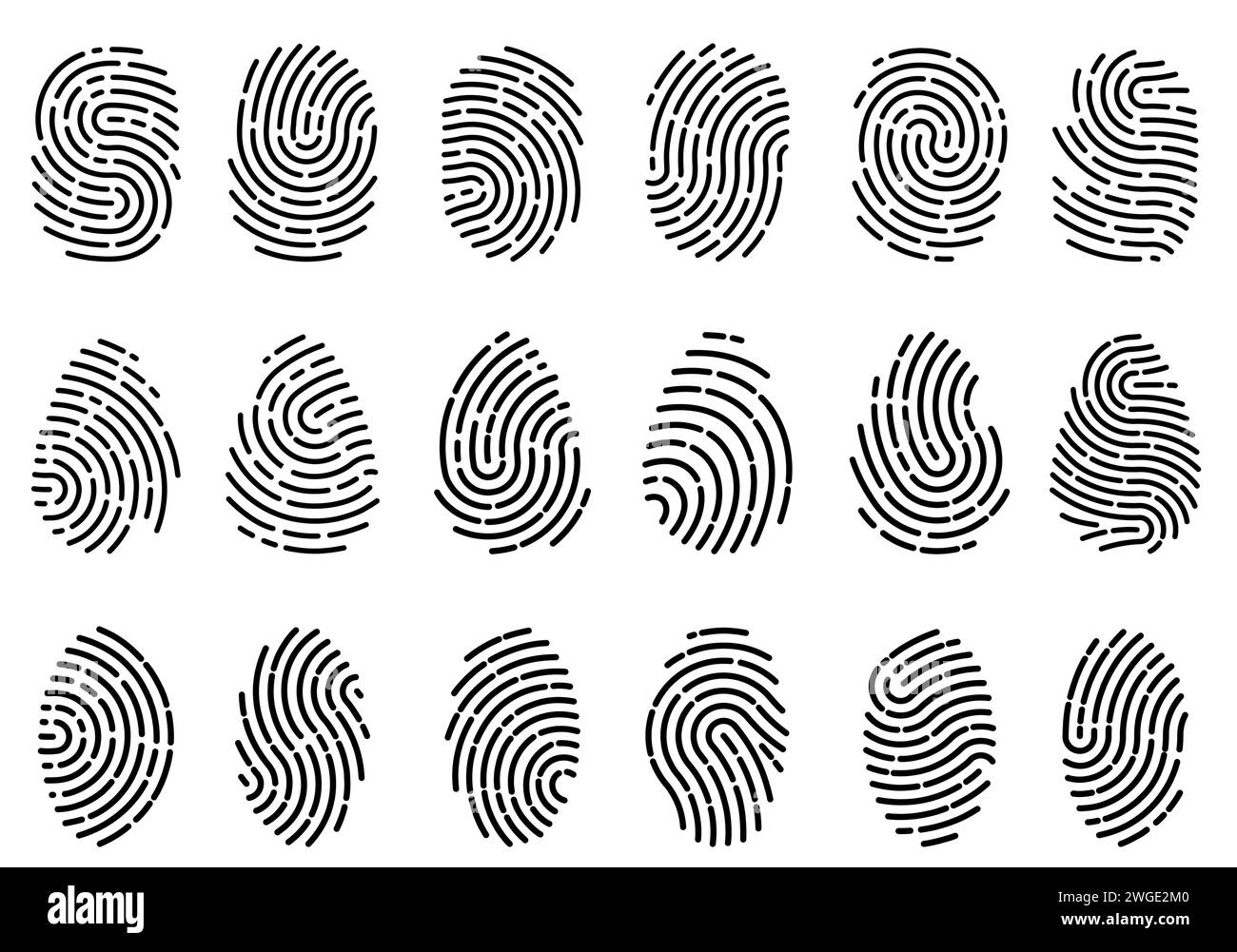 Impronte digitali. Impronte digitali di scansione diverse. Pittogrammi ID umano. Autenticazione di sicurezza. Le miniature stampano lo scanner. Prove penali. Identificazione Illustrazione Vettoriale