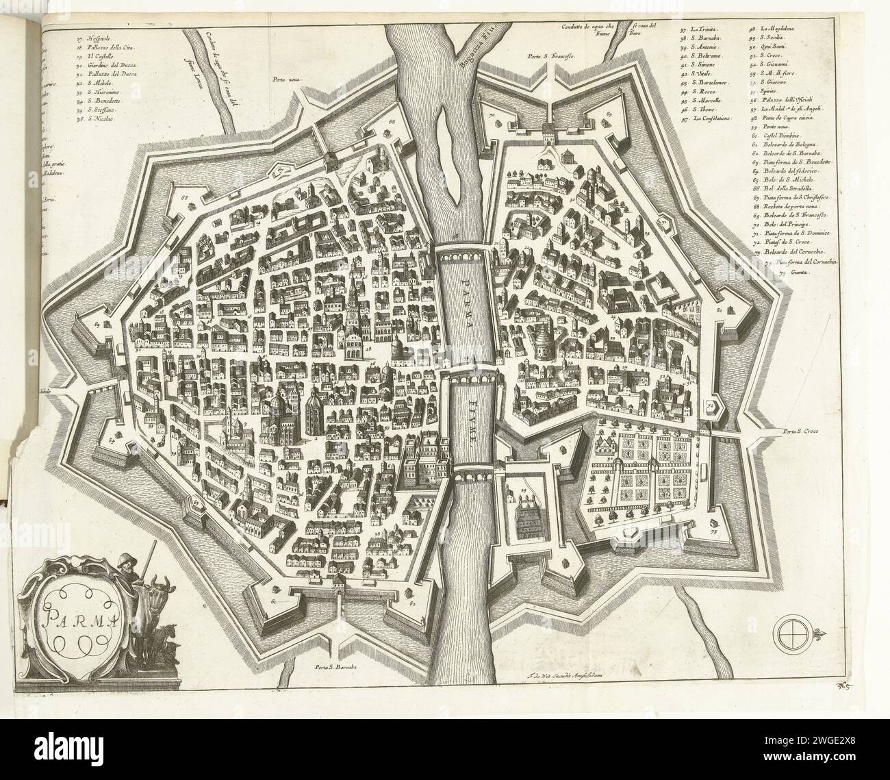 Mappa di Parma, 1726, 1726 Stampa mappa della città italiana di Parma. Targa n.. 365 in parte XV dell'opera stampata: Les Forces de l'Europe, Asie, Afrique et Amerique ... Comme Aussi Les Cartes des Côtes de France et d'Espagne dal 1726, questa seconda parte con 271 carte numerate a mano di rinomate città e fortezze forti nel contesto della guerra di successione spagnola 1701-1713. Per la maggior parte, questi documenti sono stati copiati negli anonimi documenti francesi di famose città e forze forti: In Les Forces de l'Europe e in: Le Theater de la Guerre, Dans Les Pays-Bas, entrambi originariamente pubblicati Foto Stock