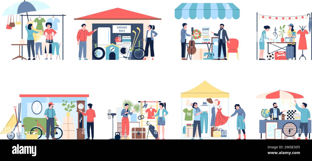 Scene del mercato delle pulci. Vendita garage, mobili di seconda mano, accessori e vestiti. Mercati all'aperto con attrezzi e merci usati, set vettoriale recente Illustrazione Vettoriale