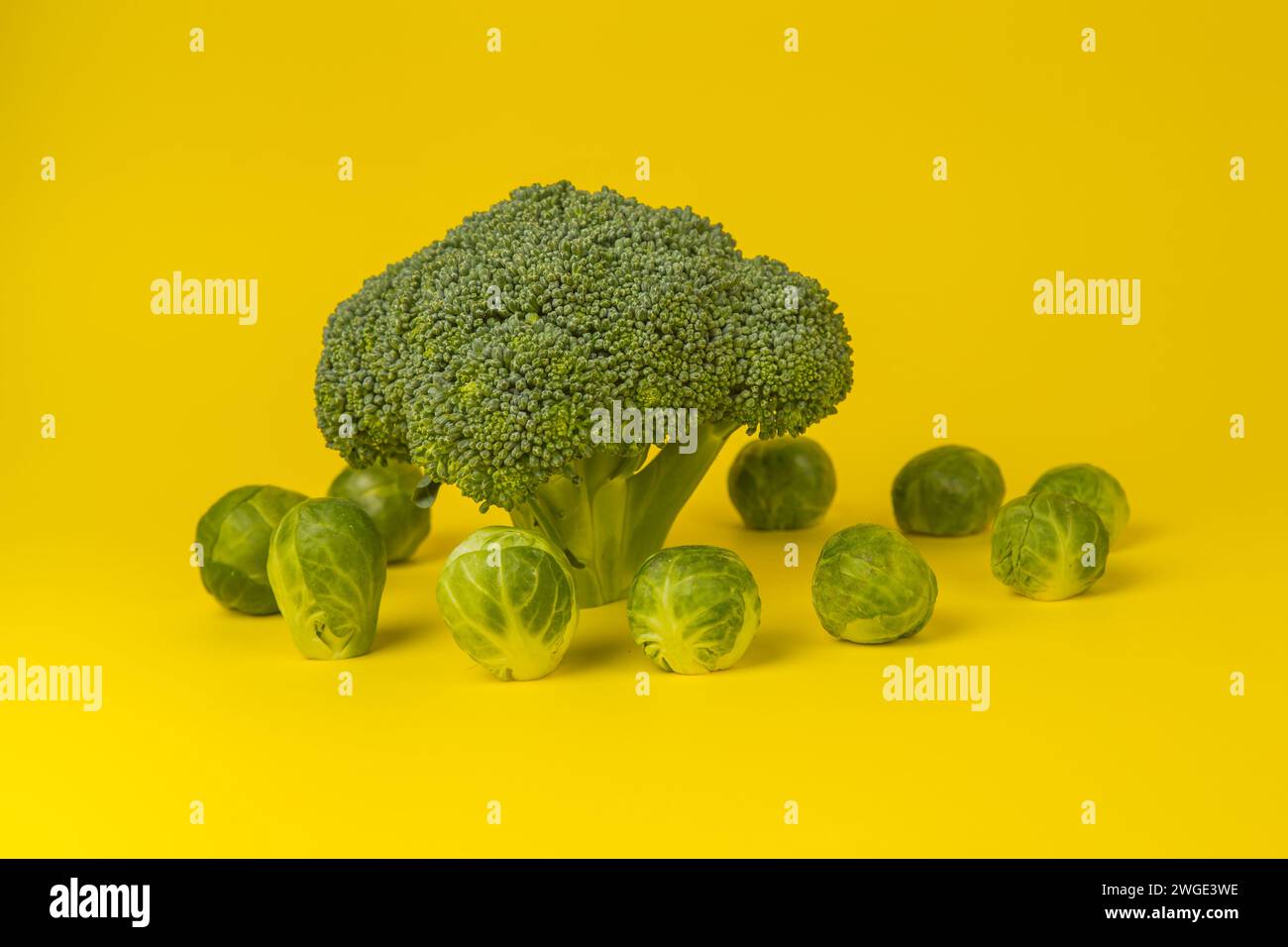 Broccoli e cavoletti di Bruxelles su sfondo giallo Foto Stock