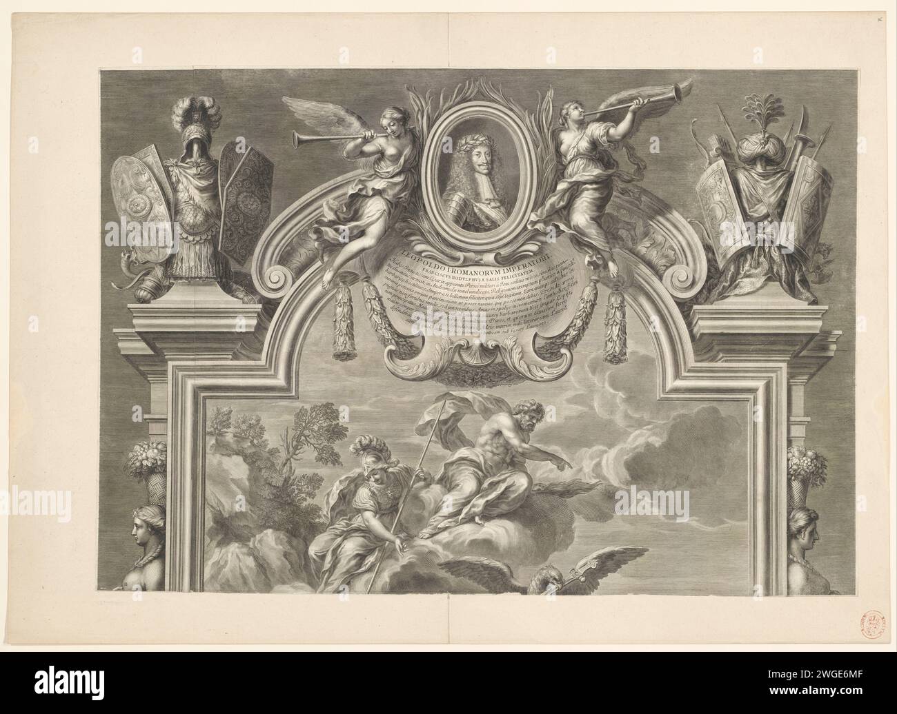 Giove dà ai Ciclopi le istruzioni per la forgiatura dello scudo di Thoseus, Jean Louis Roullet, dopo Pietro Locatelli, dopo Ciro Ferri, 1655 - 1699 stampa metà superiore di una stampa promozionale dedicata a Keizer Leopold I. cartaceo incisione / taglio (storia di) Giove (Zeus). armi. armatura Foto Stock