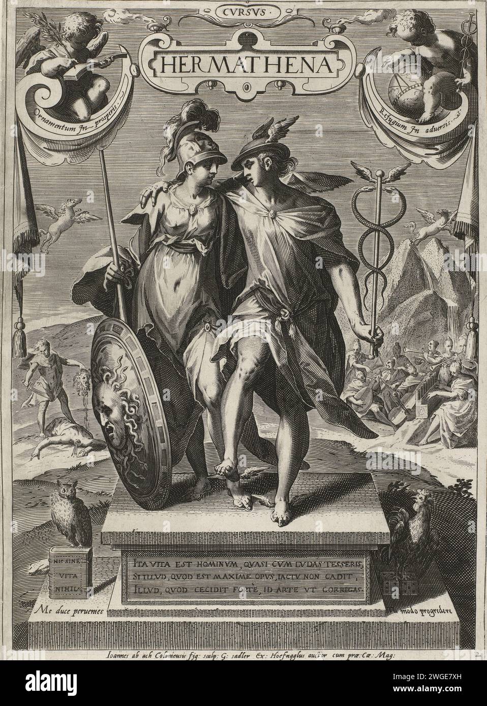 Carrière / cursus, Aegidius Sadeler (II), dopo Hans von Aachen, 1580 - stampa su una stalla di Pieth mercurio (a destra) e Minerva (a sinistra), con i loro attributi accanto, rispettivamente l'Haan e il Gufo. I due dei combinano le caratteristiche della saggezza e della scienza, importanti per salire nella vita. Sullo sfondo a destra le muse sul monte Parnasus e sullo sfondo a sinistra Perseo con la testa di Medusa. In alto a destra nell'aria, un putto misura un globo con un passante. In alto a sinistra nell'aria, un putto diverso scrive in un libro. La stampa ha una didascalia latina. Giornale viennese Foto Stock