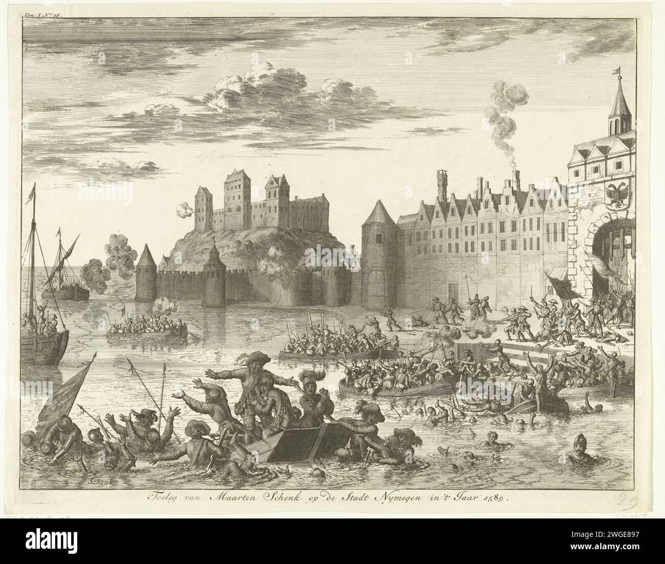 Attacco di Maarten Schenck a Nimega, 1589, 1730 stampa attacco fallito da parte delle truppe al comando di Maarten Schenck alla città di Nimega, 10 agosto 1589. Episodio della guerra Keulse. Quando fugge dalla città, Schenck annega nel Waal. Battaglia per incidere la carta nei Paesi Bassi del Nord. Annegamento, naufragato Nijmegen Foto Stock