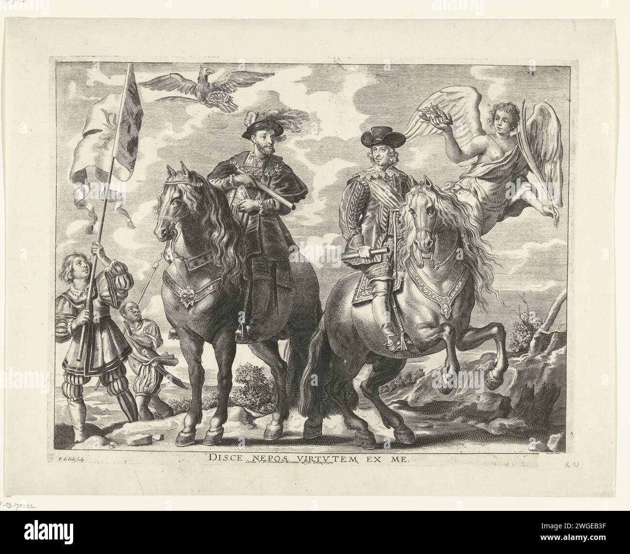 Carlo V e Ferdinando a cavallo; entrata di Ferdinando a Gand nel 1635 (n. 20), Pieter de Jode (II), dopo Gaspar de Crayer, dopo Peter Paul Rubens, 1675 - 1685 stampa Carlo V e Ferdinando a cavallo. Karel incoraggia Ferdinando a seguire il suo esempio. Presentazione al centro del fronte della porta del trionfo Arcus Caroli sul Vrijdagmarkt. Pagina n. 20 in un insieme di 42 tavole che illustrano la pubblicazione della descrizione dell'ingresso del Cardinale Infante Ferdinando d'Austria a Gand il 28 gennaio 1635 come nuovo governatore dei Paesi Bassi spagnoli. Sud Paesi Bassi pap Foto Stock