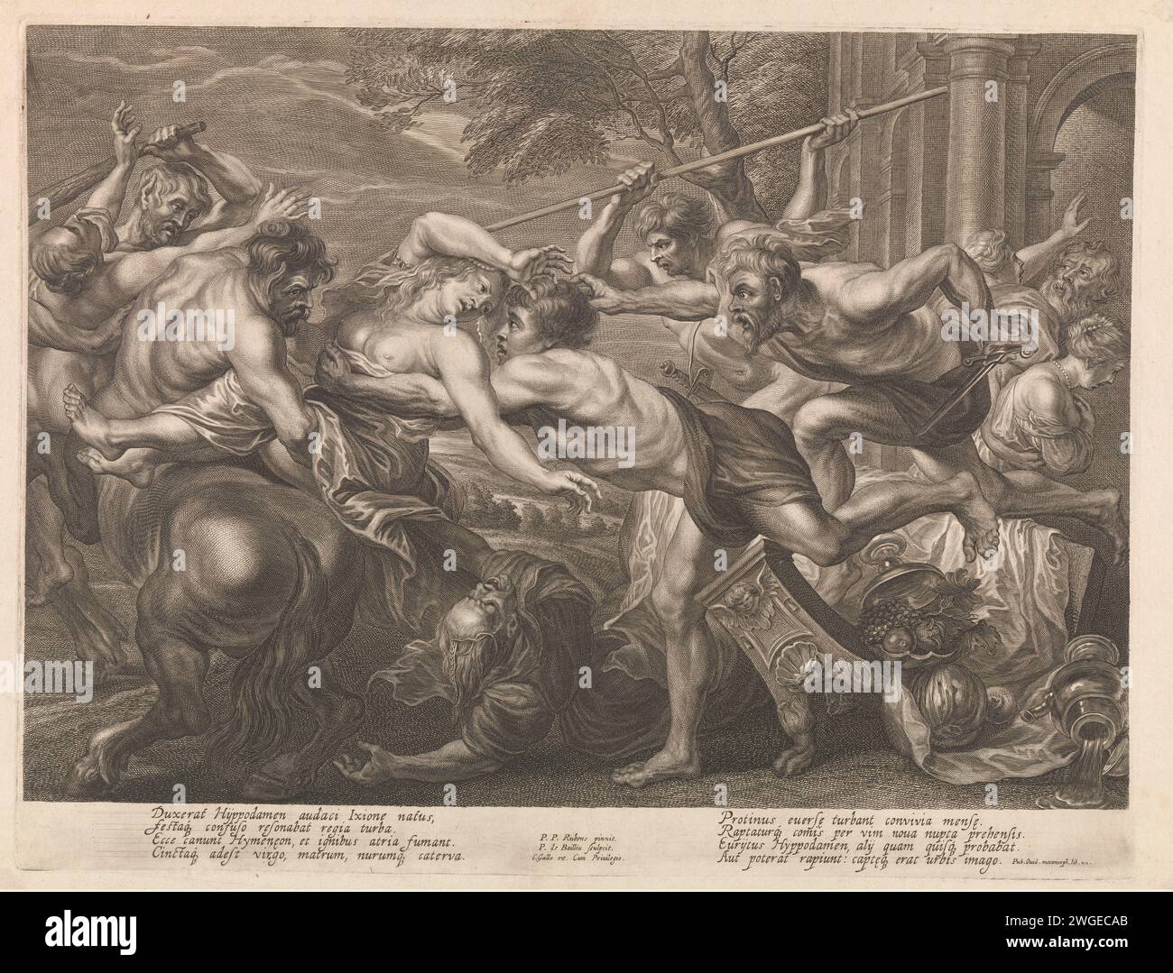 Rapimento di Ippodamea, Pieter de Bailliu (i), dopo Peter Paul Rubens, 1623 - 1660 stampa Lapithen con armi cerca di salvare Ippodamea da un rapimento da parte di Centaur Eurytus. Con due versi a quattro righe in latino sotto lo spettacolo. Questa stampa fa parte di un album. La carta di Anversa incidendo il centauro Eurytion cerca di portare via Ippodamia, la sposa Foto Stock