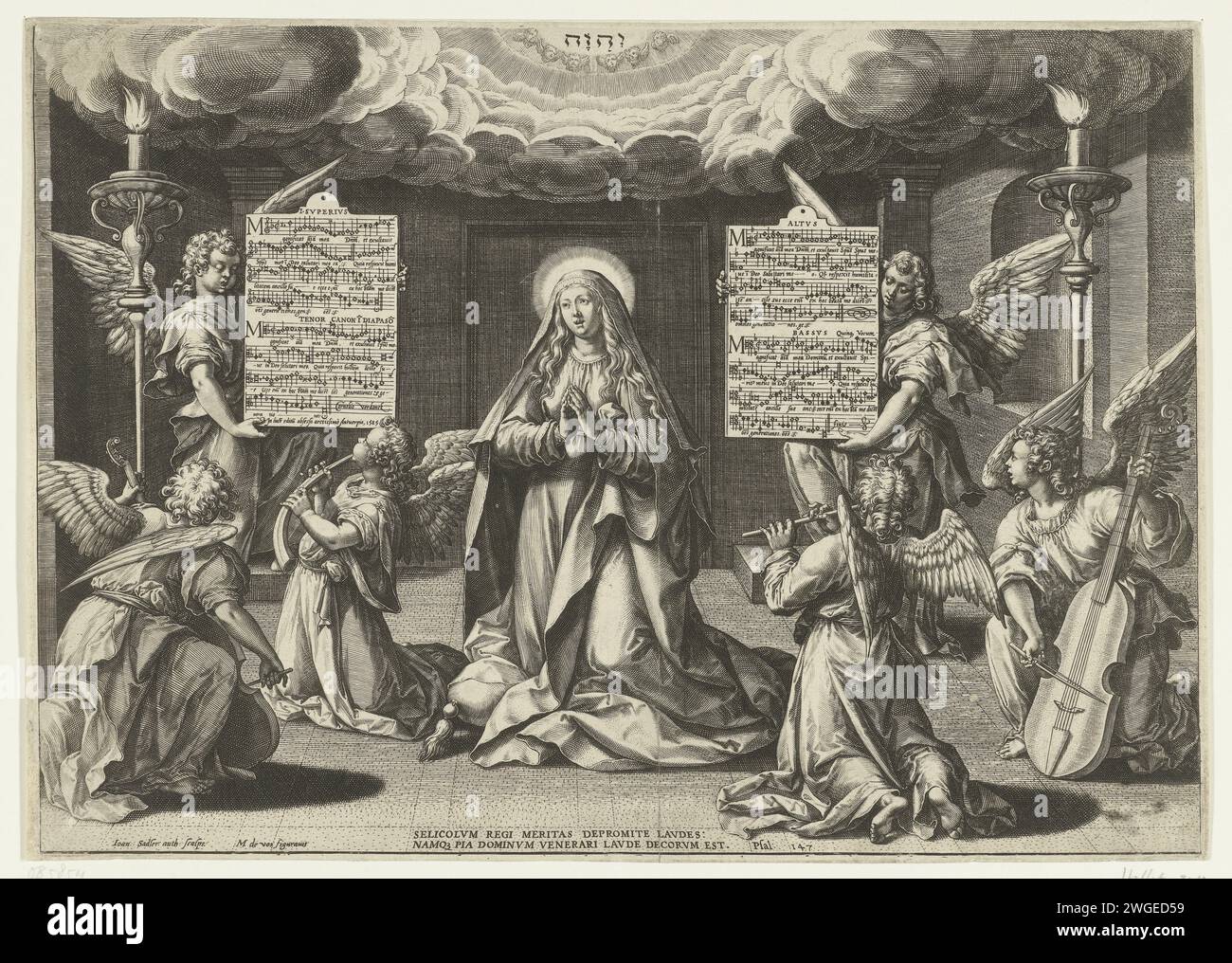 Maria circondata dal musicista Engelen, Johann Sadeler (i), dopo Maerten de Vos, 1585 stampa Maria in atteggiamento inginocchiato in una partenza. Prega il Magnificat. Sopra la sua testa il tetragramma in una nuvola radiosa. Intorno ai suoi quattro angeli musicali che (da sinistra a destra) suonano la Viola da gamba, Kromhoorn, flauto e Viola da gamba. L'immagine noce del brano musicale che viene riprodotto può essere vista su due tavolette, che sono fermate da due angeli in piedi. A sinistra il superiore e il tenore, a destra l'altus e il basso. Carta di Anversa incisione Maria (senza Cristo-bambino), insieme ad avena Foto Stock