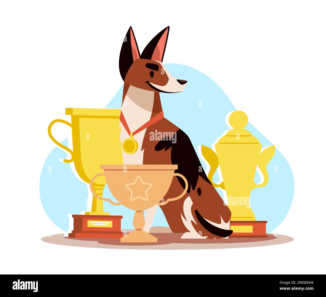 Cane vincente con medaglia e coppe. Concorrenza animale. Premio del concorso. Animale domestico purosangue. Amichevole carattere felice, trofeo d'oro, primo posto. Cartone animato Illustrazione Vettoriale