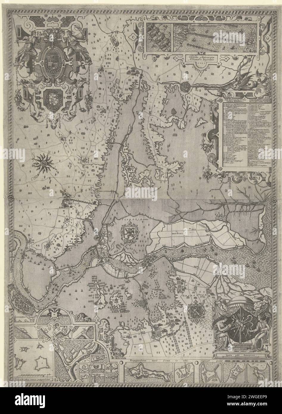 Assedio di Anversa da parte di Farnese, 1585, 1585 Stampa Mappa dell'assedio di Anversa negli anni 1584-1585 da parte dell'esercito spagnolo al comando di Alessando Farnese, duca di Parma. Mappa del paese annegato intorno alla Schelda tra Anversa e Hulst. In alto a sinistra un cartiglio ornamentale con giustizia e pace, decorato con lavori rotanti e con le armi di Filippo II e del duca di Parma. In alto a destra a Zetten con il ponte della nave, incluse le leggende A-CC e 1-40 in latino. Sotto le mappe dei forti e delle rampe coinvolte nella lotta. In basso a destra due figure allegoriche relative al topografo Foto Stock