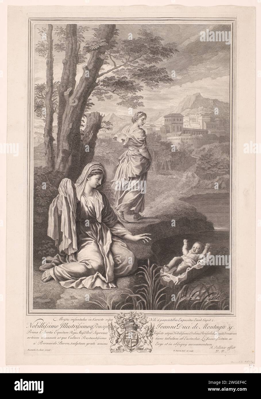 Mosè in un cesto sul Nilo, Bernard Baron, dopo Eustache Lesueur, c. 1720 stampa Francia incisione / incisione carta . Foto Stock
