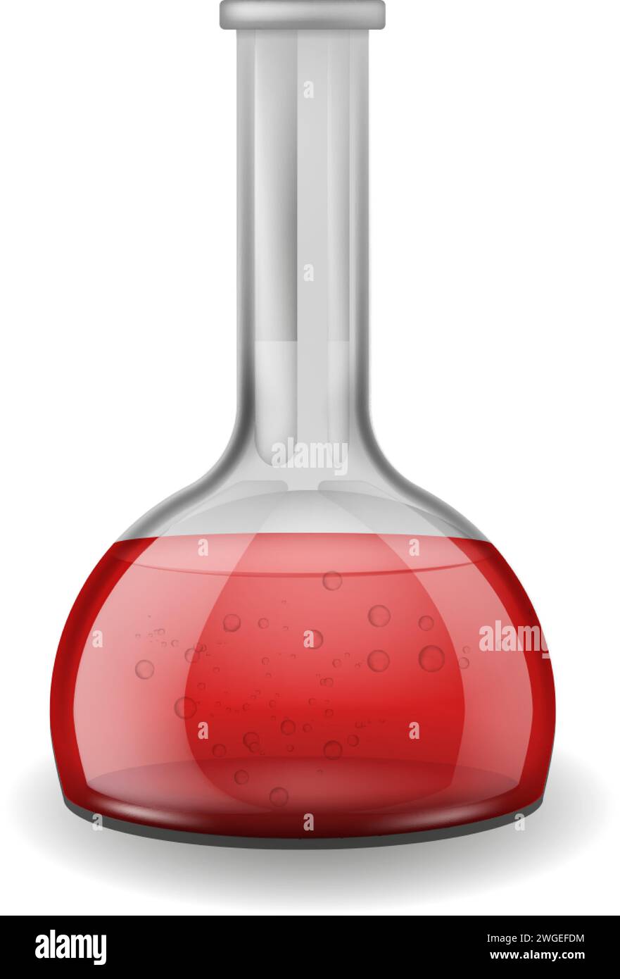 Vetreria chimica da laboratorio. Liquido rosso nel pallone di vetro. Apparecchiature da laboratorio, strumenti di chimica scientifica. Contenitore o provetta per analisi. Flacone graduato Illustrazione Vettoriale