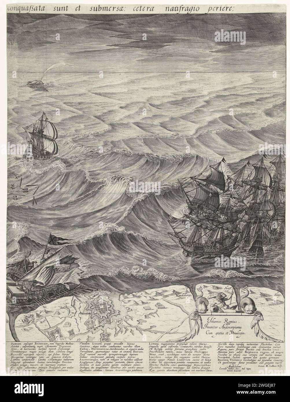 La distruzione delle Galaien spagnole al largo della costa fiamminga (rivista di destra), 1602, 1602 - 1603 stampa la distruzione della Galien spagnola nella Manica al largo della costa fiamminga da parte della flotta di Stato al comando del viceammiraglio Jacob van Duivenvoorde, signore di Obdam, il 3 ottobre 1602. Grandi prestazioni con tre caricatori. Rivista destra: Un Galei muore, un gruppo di cinque navi olandesi sulla destra; in fondo alla costa fiamminga nelle città di Ostenda e Sluis; Ostenda è mostrata con una mappa. In basso a destra un cartiglio con firma e privilegio, decorato con dio del fiume e pesce. Con il capitano Foto Stock