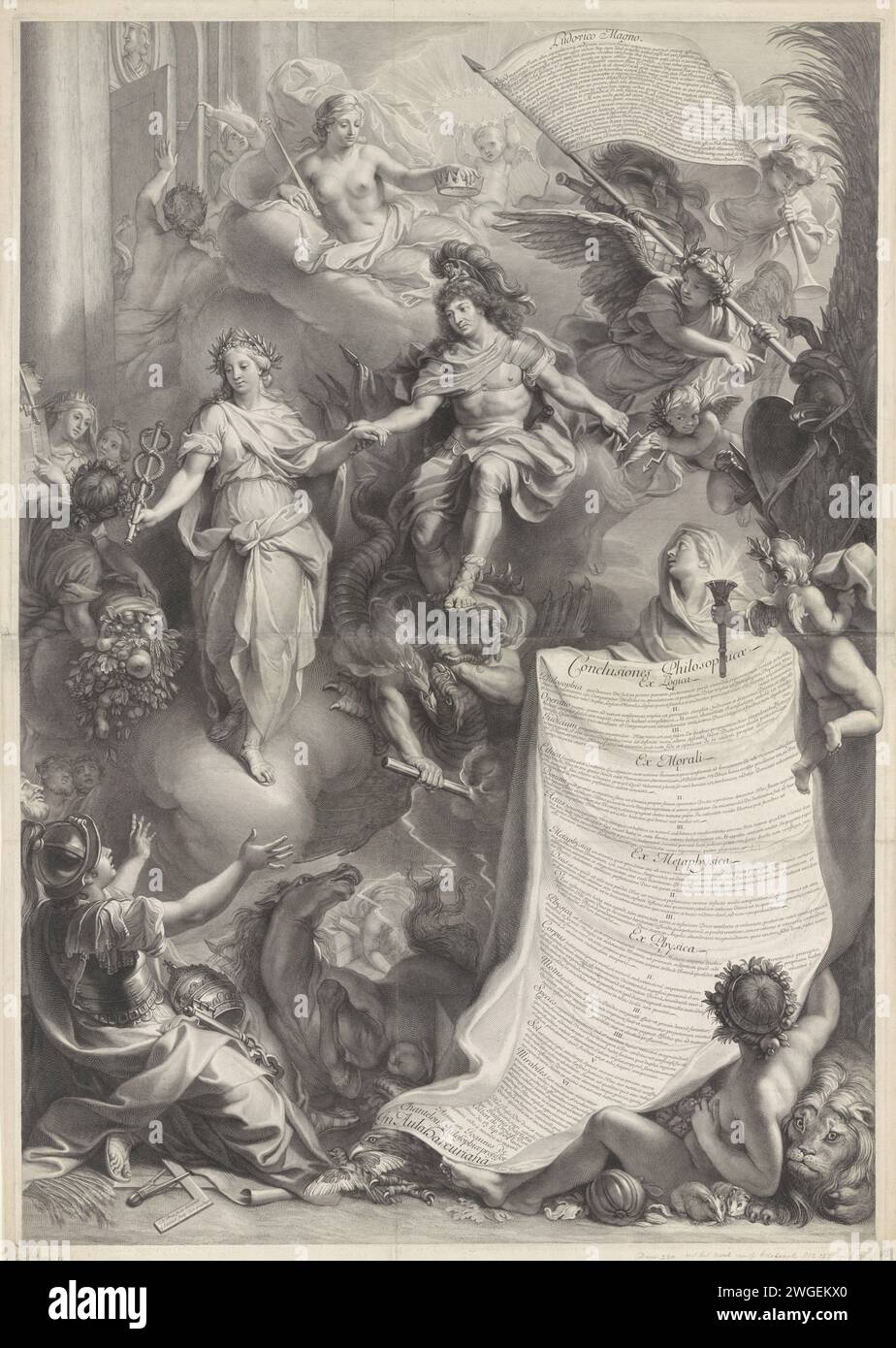 Allegoria sul potere di Luigi XIV, Gerard Edelinck, dopo Charles le Brun, 1680 stampa Stampa da due parti. Re Luigi XIV, in uniforme di Roman, calpesta un mostro mentre la personificazione dell'immortalità lo incorona e prende la pace. Un angelo con una bandiera punta all'armatura, legato a una palma. Il testo sulla tela spiegata fornisce i punti principali di un tratto filosofico di J.B. Colbert de Croissy. Tipografia: Parisafter disegno di: Parisprint Maker: Paris (possibilmente)France incisione su carta Foto Stock