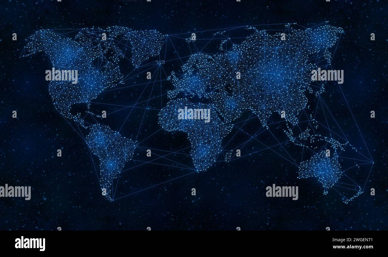 Wold Map on Night Sky Universe, Global Network and Communications Concept Foto Stock