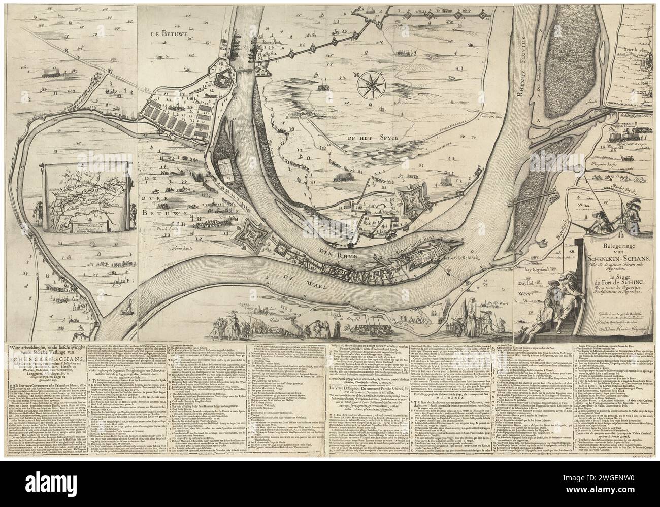 Schenckenshans presi di sorpresa dagli spagnoli, 1635, 1635 stampe. Scheda di testo Schenckenschans presa di sorpresa dagli spagnoli, 28 luglio 1635. Mappa della zona fluviale con lo Schenckenschans sulla sponda del Reno e del Waal. L'intero smontato costituito da tre piastre e due caricatori di testo. Tipografia: Hagueprin Maker: Noterland Netherlandspublispublis: L'editore: L'incisione della carta beate, la cattura della città (dopo l'assedio). Mappe di paesi o regioni separati Schenkhans Foto Stock