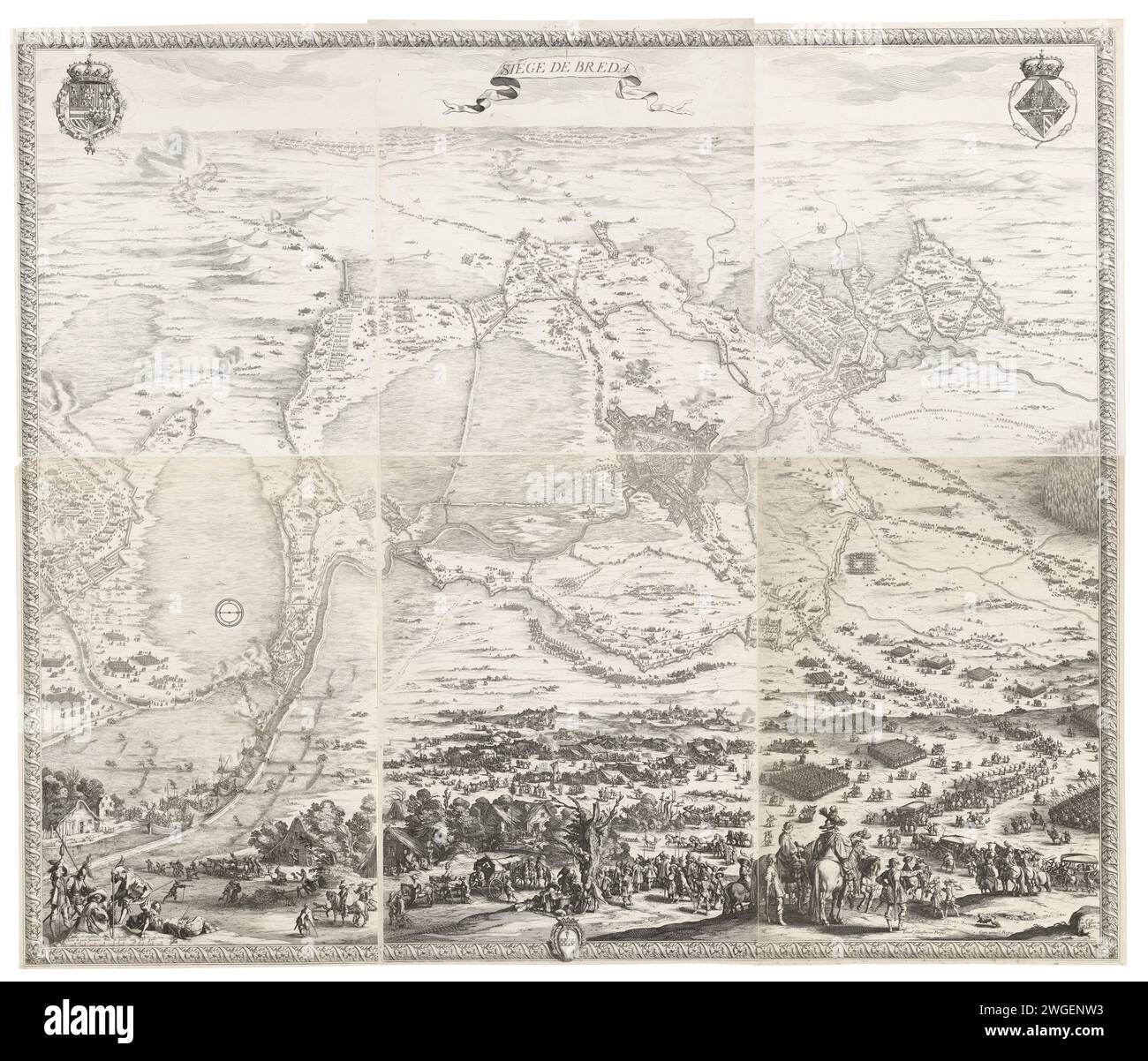 Assedio di Breda, 27 agosto 1624-5 giugno 1625, 1650 - 1691 stampa grande mostra in sei riviste dell'assedio della città di Breda negli anni 1624 e 1625 da parte degli spagnoli guidati da Ambrogio Spinola. Central è una mappa della città assediata, circondata da opere d'assedio e campi. Nel piano intermedio, proprio sotto Breda, un campo di tenda. Nel piano intermedio e in primo piano a destra l'esercito spagnolo in rotta. In primo piano, a sinistra e al centro, un villaggio saccheggiato dai soldati. Al fronte, c'erano alcuni soldati e ingegneri. Sul fronte destro del capitano Spinola a cavallo e in carrozza Foto Stock