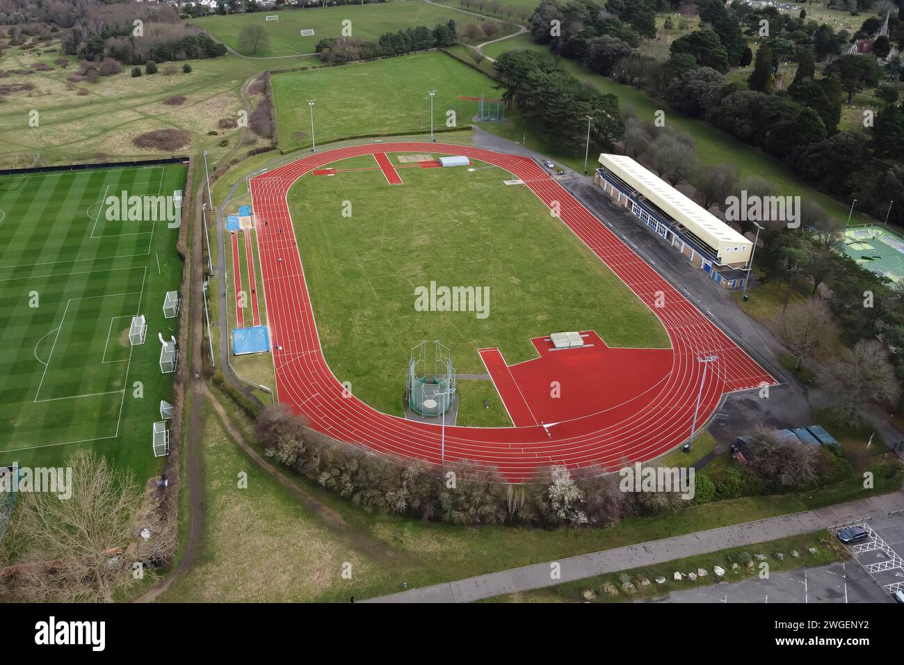 Vista aerea del Kings Park Athletic Centre a Bournemouth nel Dorset, vicino ai campi di allenamento dell'AFC Bournemouth. Foto Stock
