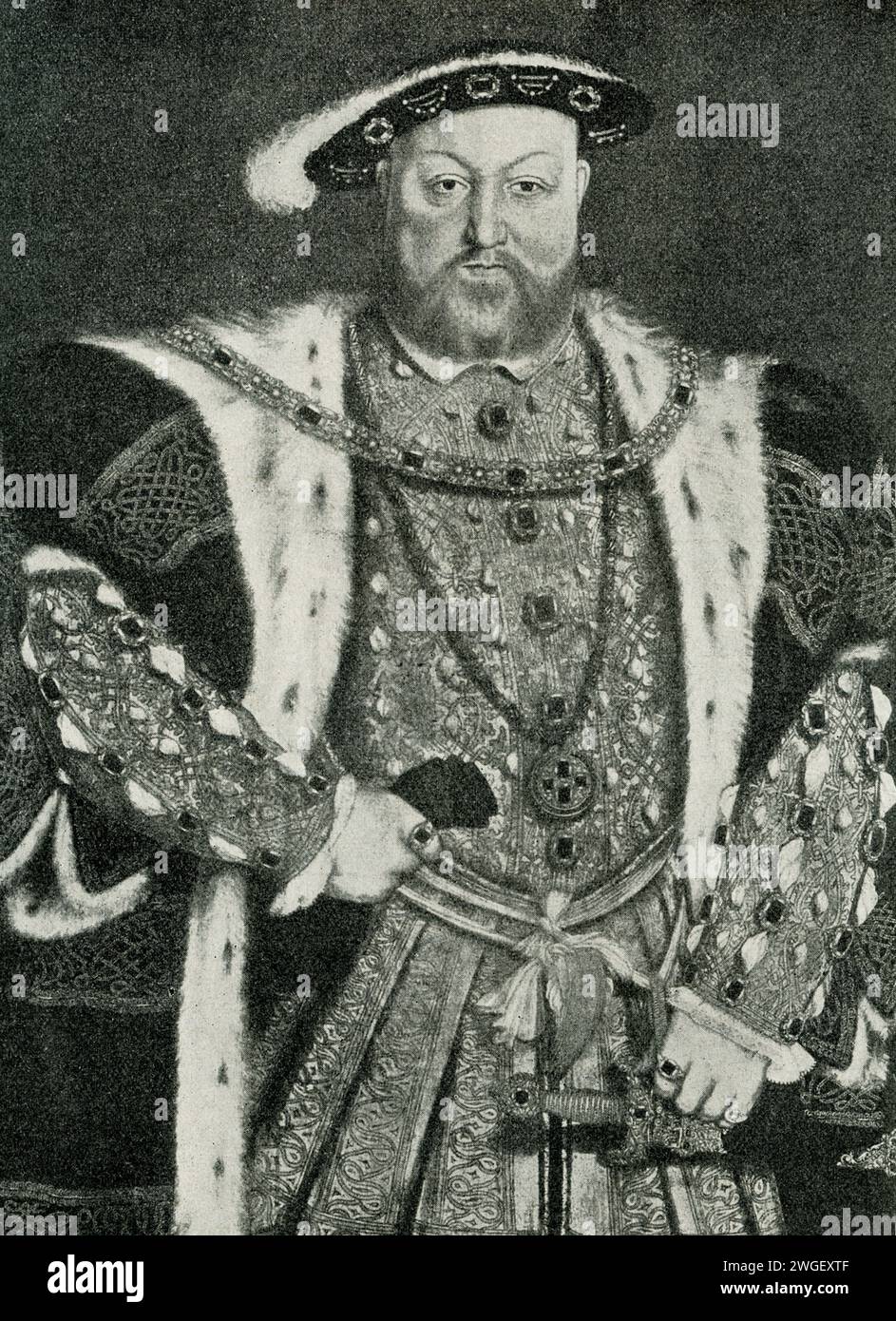 Questa immagine del re inglese Enrico VIII fu dipinta da Hans Holbein a Windsor in Inghilterra. Enrico VIII fu re d'Inghilterra dal 22 aprile 1509 fino alla sua morte nel 1547. Hans Holbein il giovane (morto nel 1543) è stato un pittore e incisore tedesco-svizzero che ha lavorato in uno stile rinascimentale settentrionale ed è considerato uno dei più grandi ritrattisti del XVI secolo. Foto Stock