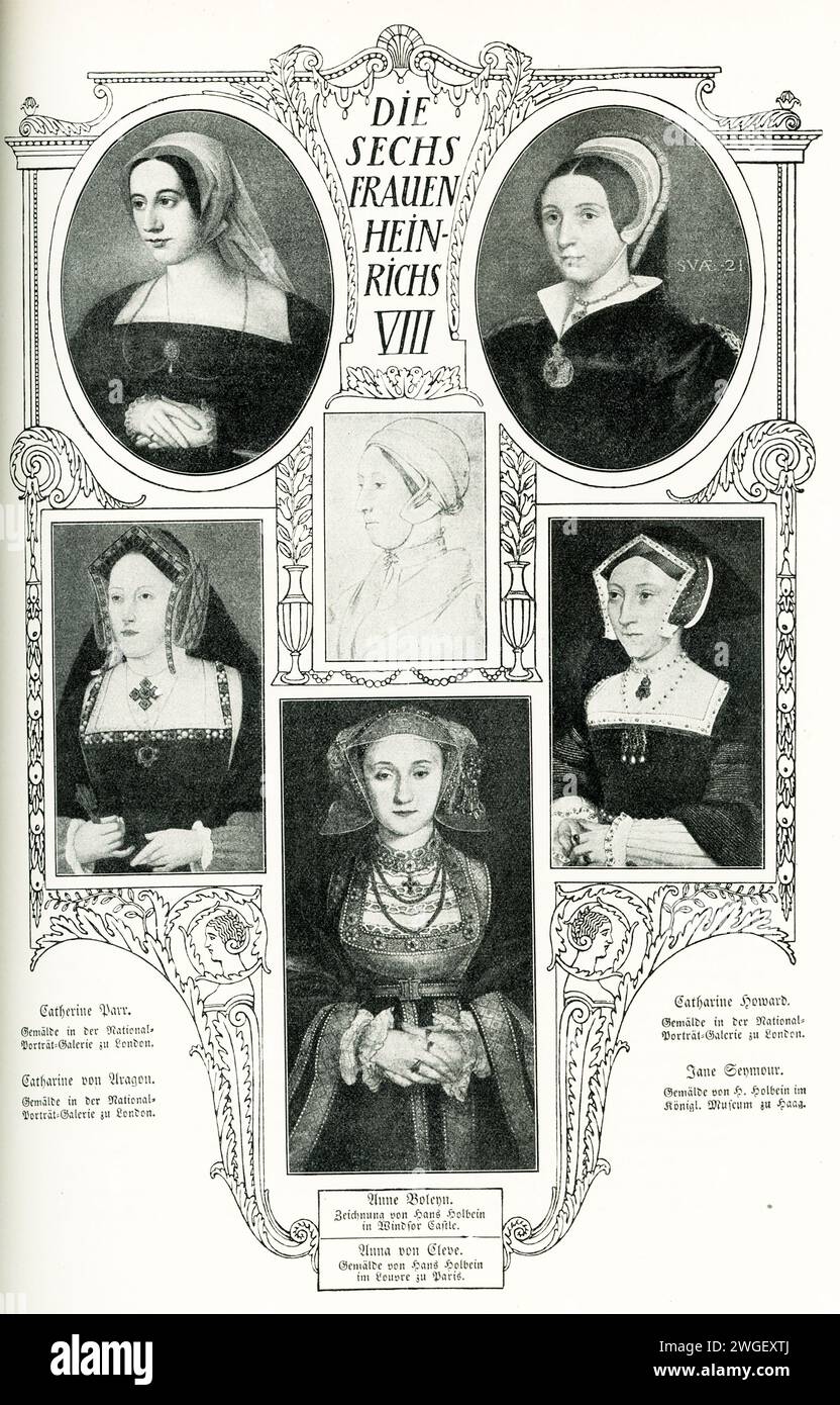 Qui sono mostrate le sei mogli del re d'Inghilterra Enrico VIII Sono da sinistra (in alto in basso): Catherine Parr [pittura nella National Gallery di Londra], Catherine d'Aragon [pittura nella National Portrait Gallery di Londra]; centro (in alto, in basso): Anne Boleyn: Schizzo di Hans Holbein nel Castello di Windsor, Anne of Cleve [pittura di Hans Holbein nel Louvre di Parigi]; a destra (in alto, in basso): Catherine Howard [pittura nella National Gallery di Londra], Jane Seymour [pittura di Hans Holbein nel Royal Museum di Praga. Foto Stock