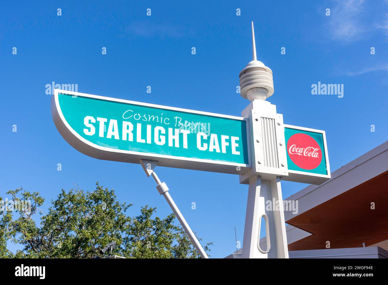 Insegna del Cosmic Ray's Starlight Cafe, Tomorrowland, Magic Kingdom, Walt Disney World Resort, Orange County, Orlando, Florida, Stati Uniti d'America Foto Stock