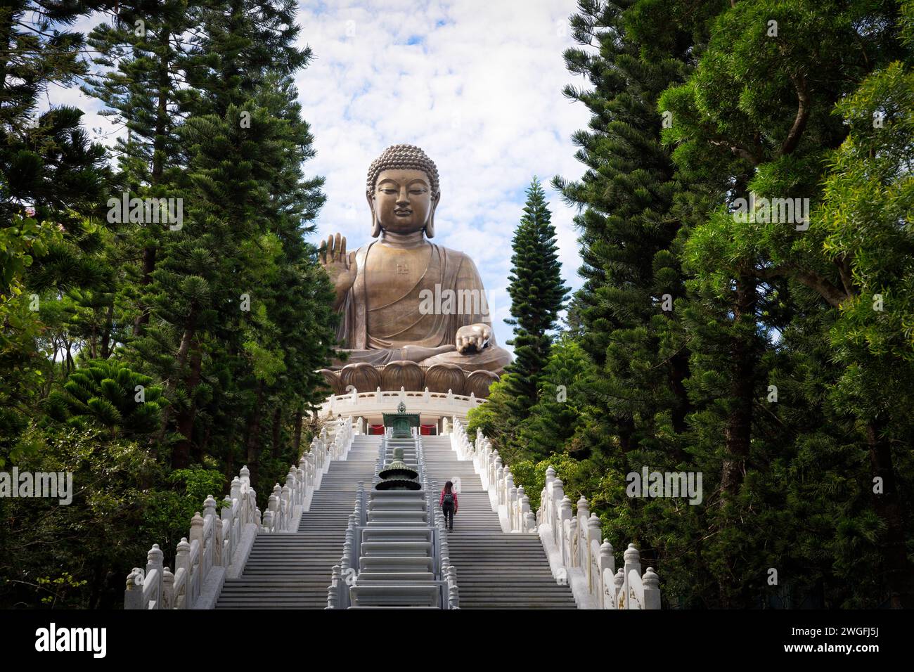 Una maestosa statua di Buddha in piedi su gradini in un tranquillo parco Foto Stock
