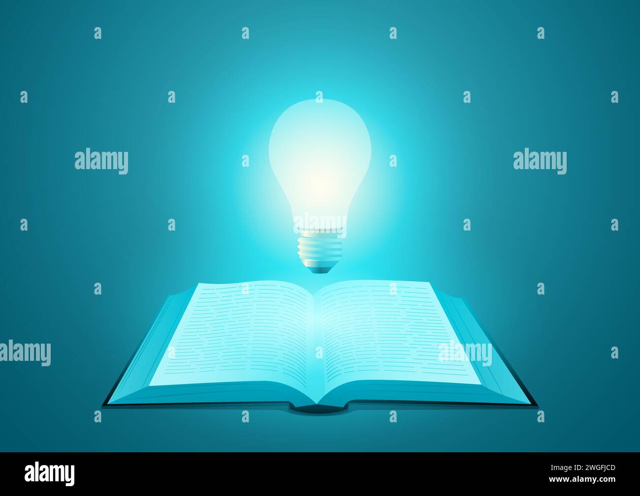 Libro aperto con la lampadina sopra di essa, conoscenza, idea, concetto intelligente, illustrazione vettoriale Illustrazione Vettoriale