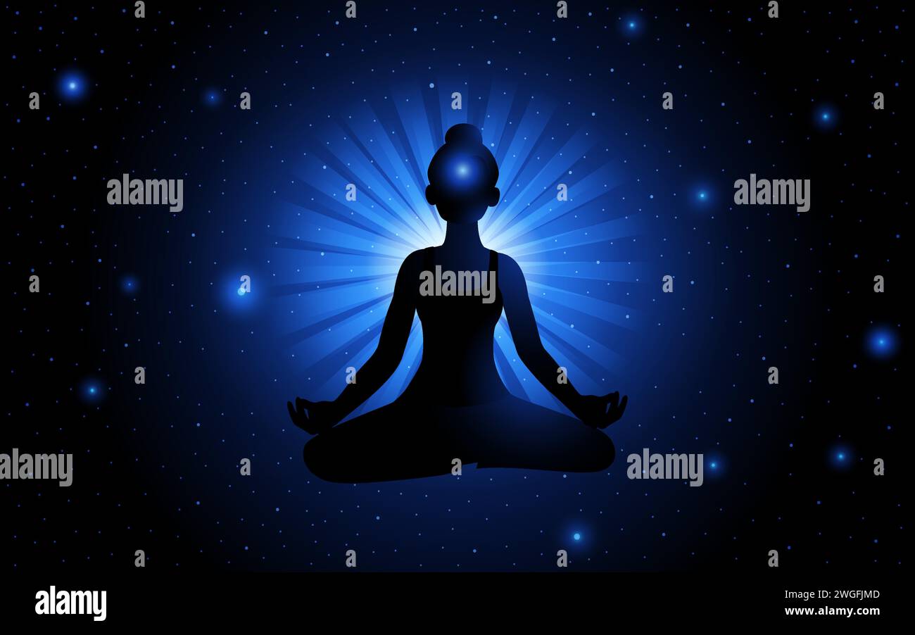 Illustrazione di silhouette di una figura donna che meditava sullo spazio, illuminazione, manifestando pensieri positivi Illustrazione Vettoriale