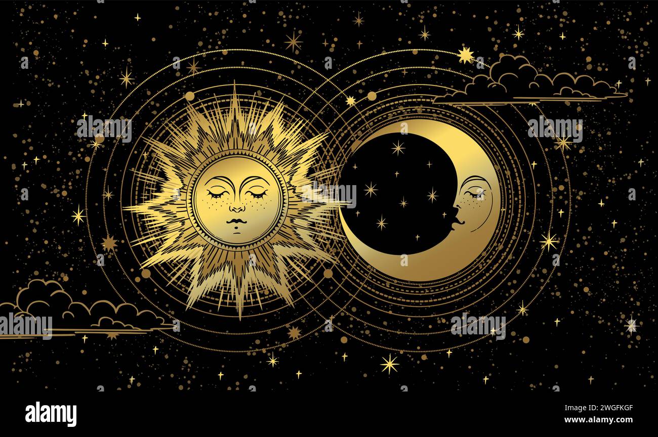 Sole e luna dorati sullo sfondo nero del cielo notturno, banner astrologico mistico, stampa tarocchi celesti per strega. Illustrazione vettoriale zodiacale, pred futuro Illustrazione Vettoriale