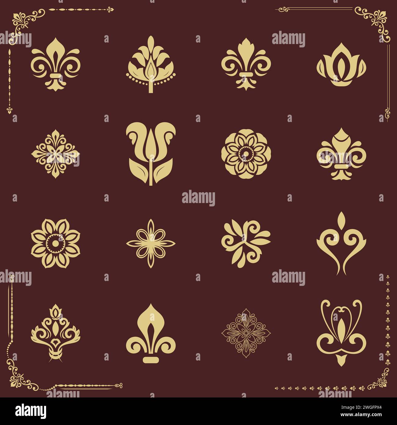 Set vintage di elementi marroni e dorati. Elementi per sfondi, cornici e monogrammi. Motivi classici. Set di motivi vintage Foto Stock