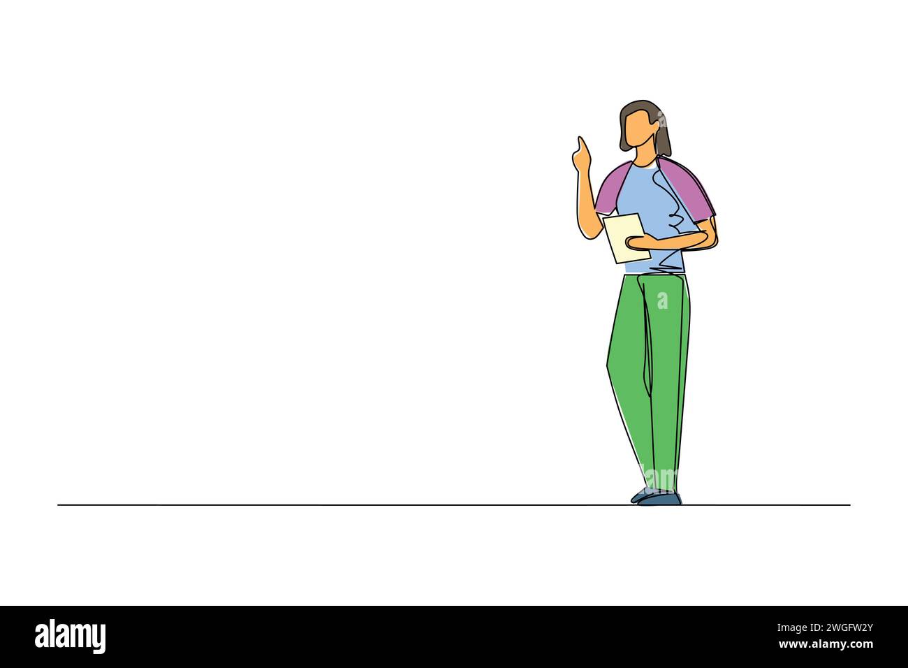 Disegna linee continue per gli impiegati in ufficio con gli appunti. Donna in abbigliamento formale. Personaggio dei cartoni animati donna d'affari in stile piatto. Linea disegnata a mano Illustrazione Vettoriale