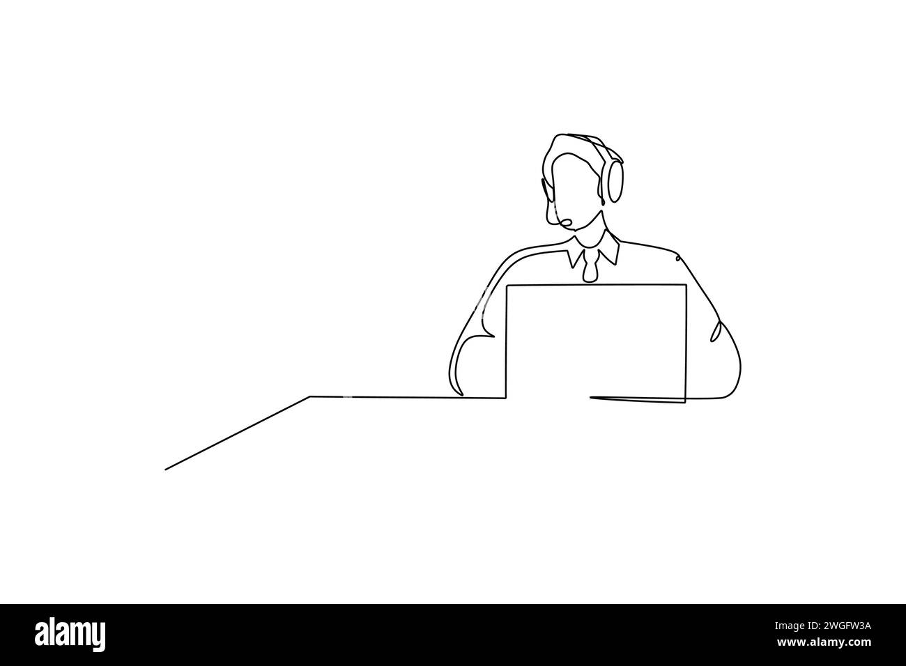 Un'unica linea di un servizio clienti maschile giovane che lavora e si siede davanti al computer. Design del call center con disegno a linea continua Illustrazione Vettoriale