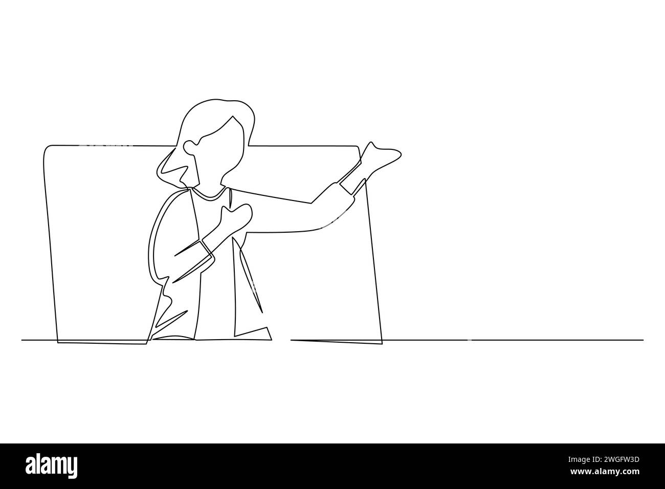 Linea continua che disegna una giovane donna che esce dallo schermo del monitor . invita persone che offrono prodotti con sconti o sconti. Concetto di marketing Illustrazione Vettoriale