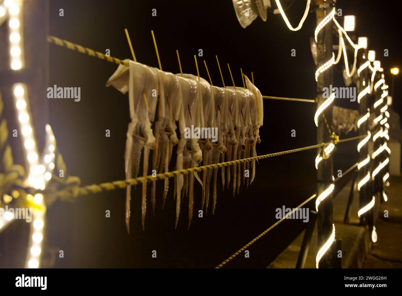 Contea di Yeongdeok, Corea del Sud - 28 dicembre 2023: Fuori dal ristorante 'Oh, ecco Las Vegas' vicino al porto di Ganggu, secchi di calamari freschi su scaffali sul lungomare, Foto Stock