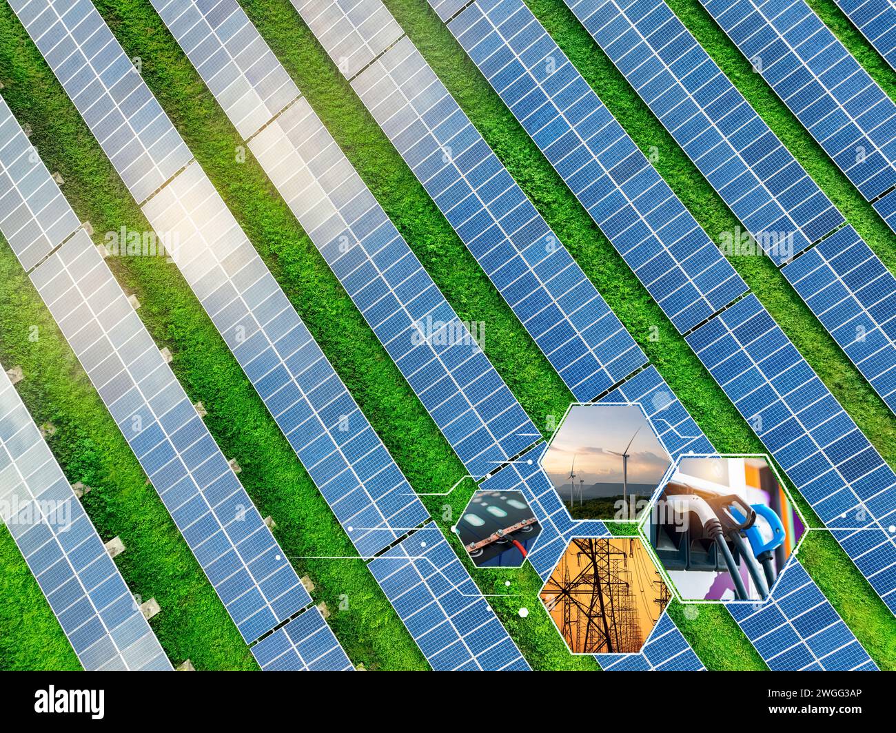 Concetto di energia sostenibile. Energia solare, energia eolica, batteria agli ioni di litio, fonte di energia elettrica alternativa e stazione di ricarica ev. Energia rinnovabile. Foto Stock
