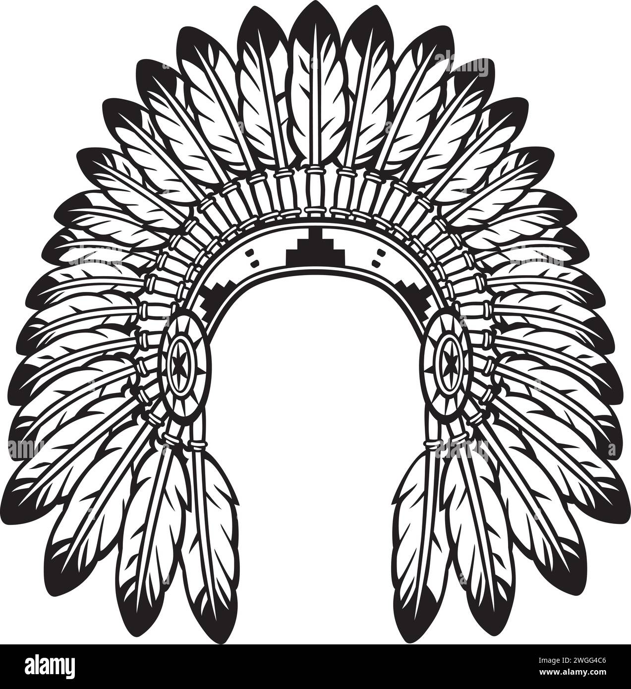 Copricapo indiano indiano nativo americano bianco e nero. Illustrazione vettoriale. Illustrazione Vettoriale