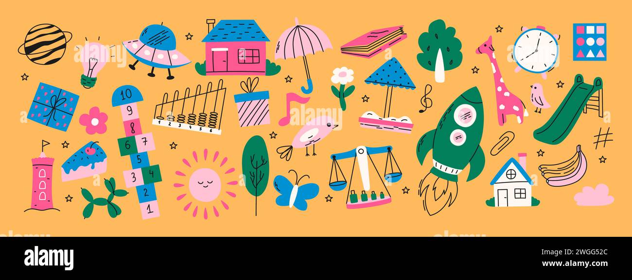 Set di coloratissimi scarabocchi dell'asilo. Farfalla, giocattoli, fiori, ombrello, casa, sole, albero, animali e altri elementi Illustrazione Vettoriale