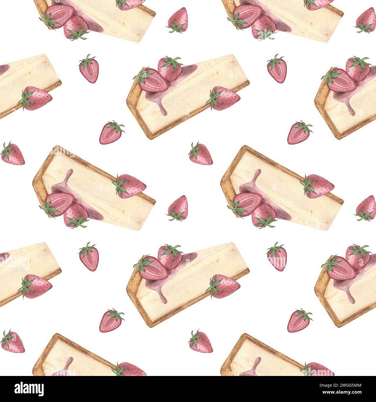 acquerello senza cuciture con una fetta di cheesecake alle fragole e fragole su sfondo bianco. Illustrazione ad acquerello realizzata a mano Foto Stock