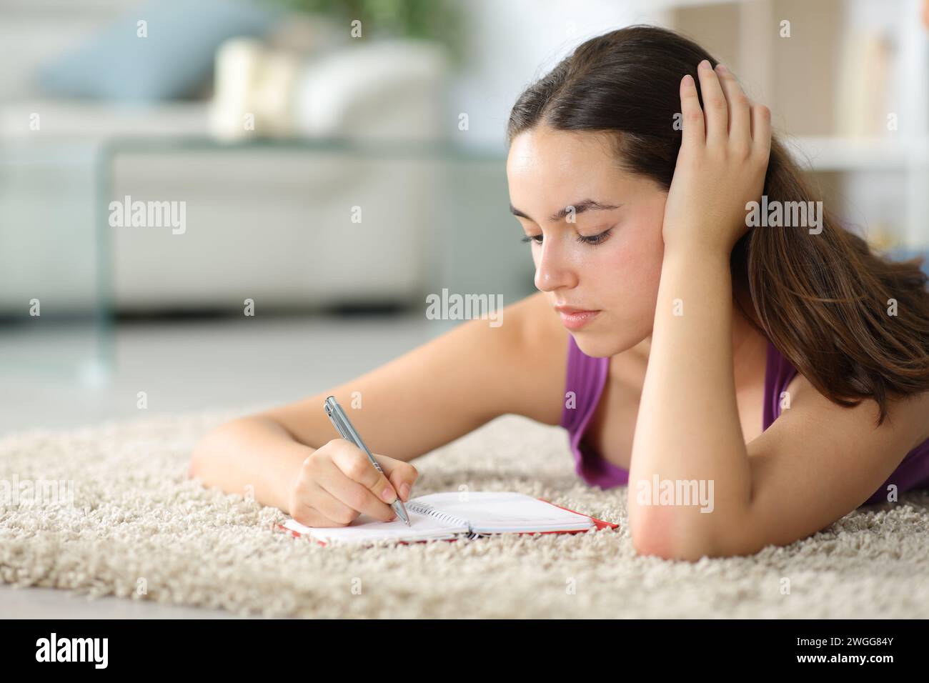 Donna che scrive in agenda sdraiata per terra a casa Foto Stock