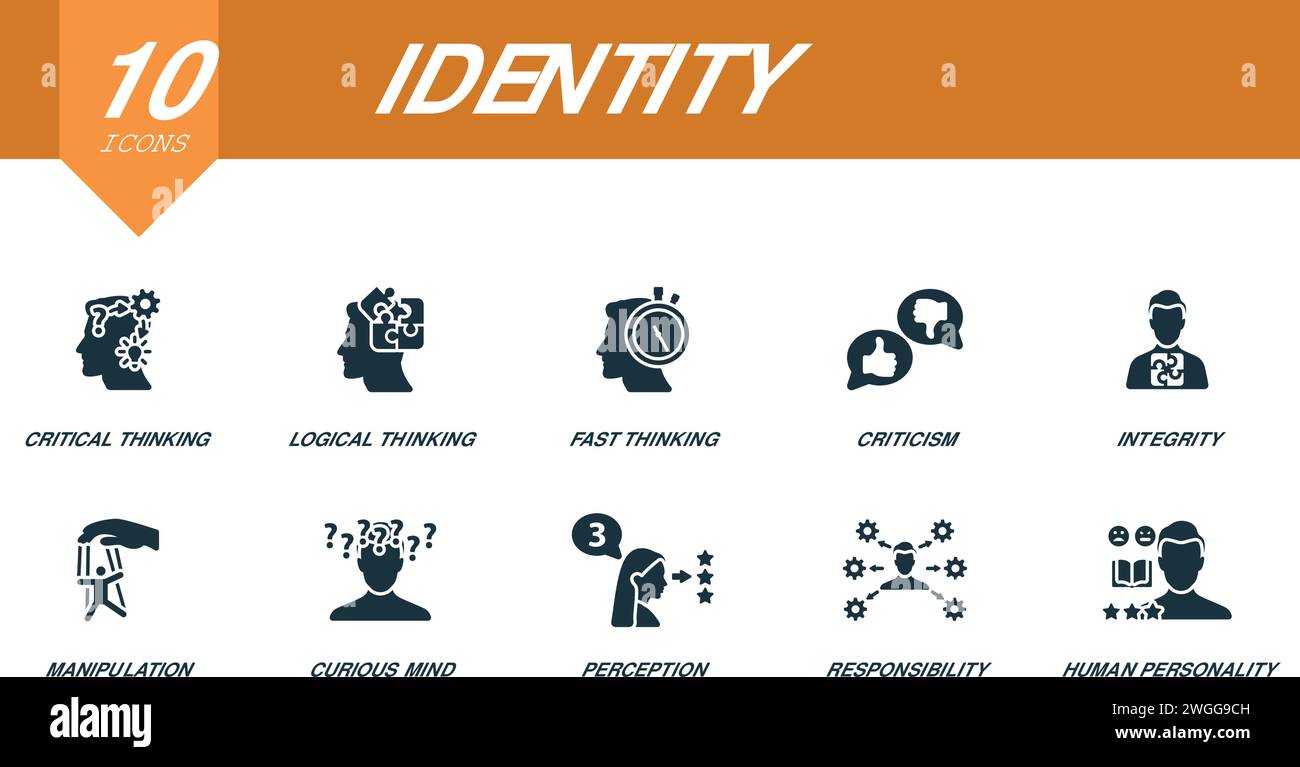 Set di icone identità. Icone creative: Pensiero critico, pensiero logico, pensiero veloce, critica, integrità, manipolazione, mente curiosa, percezione Illustrazione Vettoriale