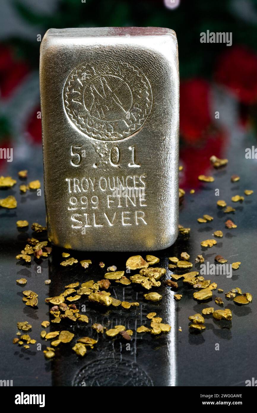 Alaska Mint Assay Bar - 5,01 once Troy .999 fine Silver circondato da pepite d'oro dell'Alaska Foto Stock