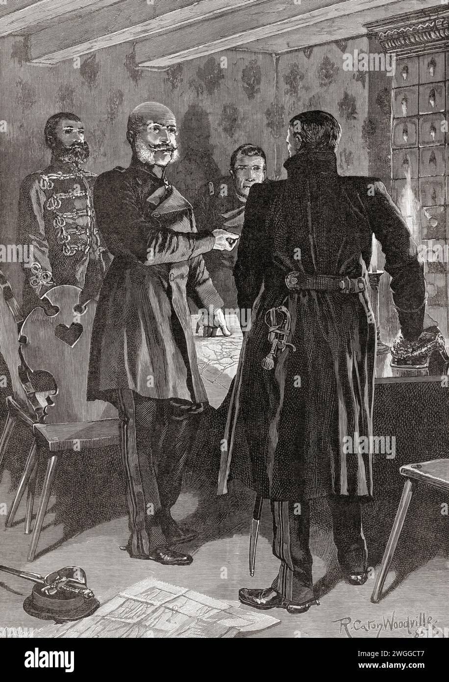 Guglielmo i vide qui alla vigilia della battaglia di Königgrätz, nota anche come battaglia di Sadowa, il 2 luglio 1866. Guglielmo i o Guglielmo i, 1797 – 1888. Re di Prussia dal 2 gennaio 1861 e imperatore tedesco dal 18 gennaio 1871 al 1888. Sotto l'immagine ci sono le parole, ' se quel generale' disse il re, 'pensa adatto ad attaccare, vieni da me a qualsiasi ora della notte e mi troverai pronto con gli ordini necessari'. Dal London Illustrated News, pubblicato il 26 marzo 1887. Foto Stock