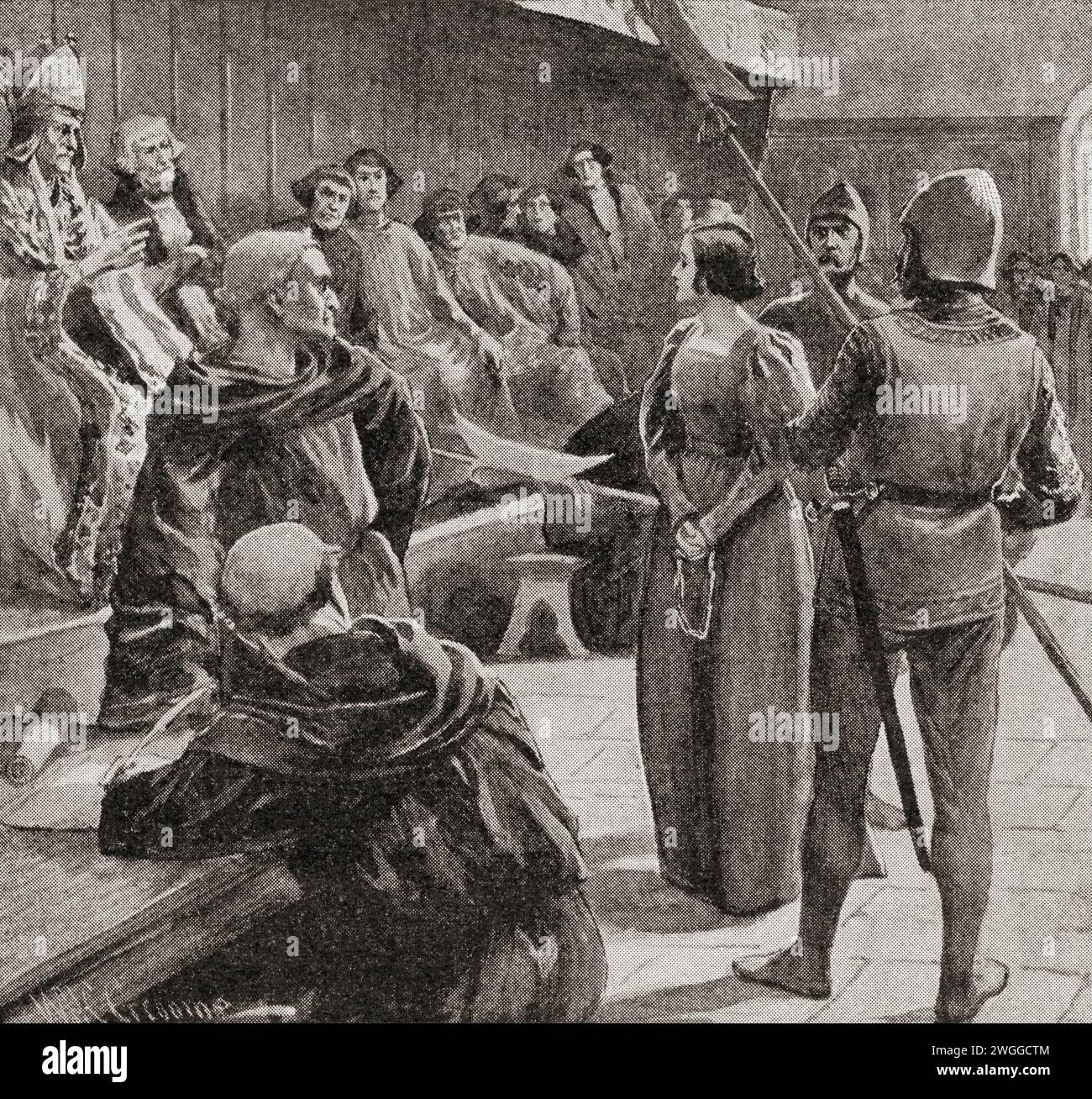 Il processo di Giovanna d'Arco, 1431. Santa Giovanna d'Arco, 1412 - 1431, nota anche come Jeanne d'Arc, la cameriera d'Orléans o Jeanne la Pucelle. Eroina e martire francesi. Da History of England, pubblicato nel 1907 Foto Stock