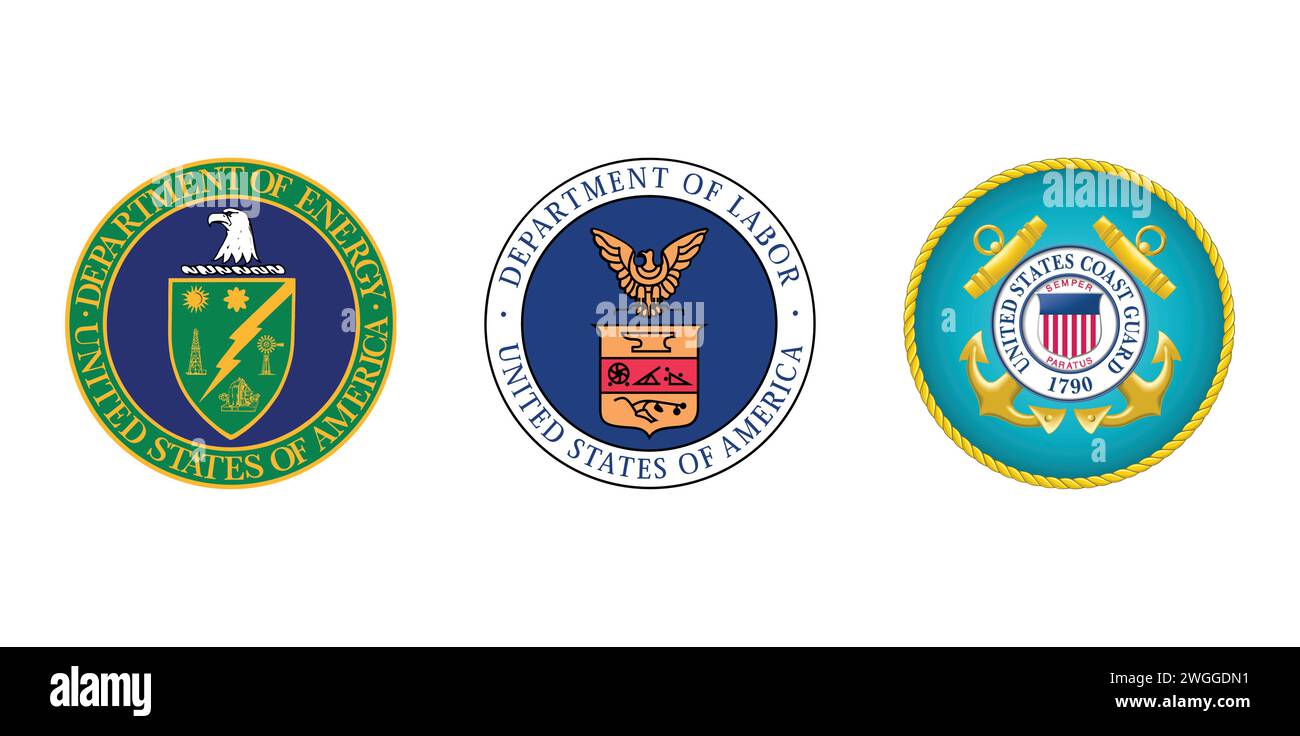 US Department of Energy, US Department of Labor, US Coast Guard Seal. Emblema editoriale del marchio. Illustrazione Vettoriale