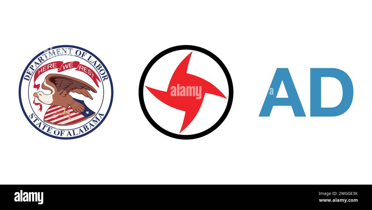 Dipartimento del lavoro dell'Alabama, partito nazionalista sociale siriano, partito francese ad. Emblema editoriale del marchio. Illustrazione Vettoriale