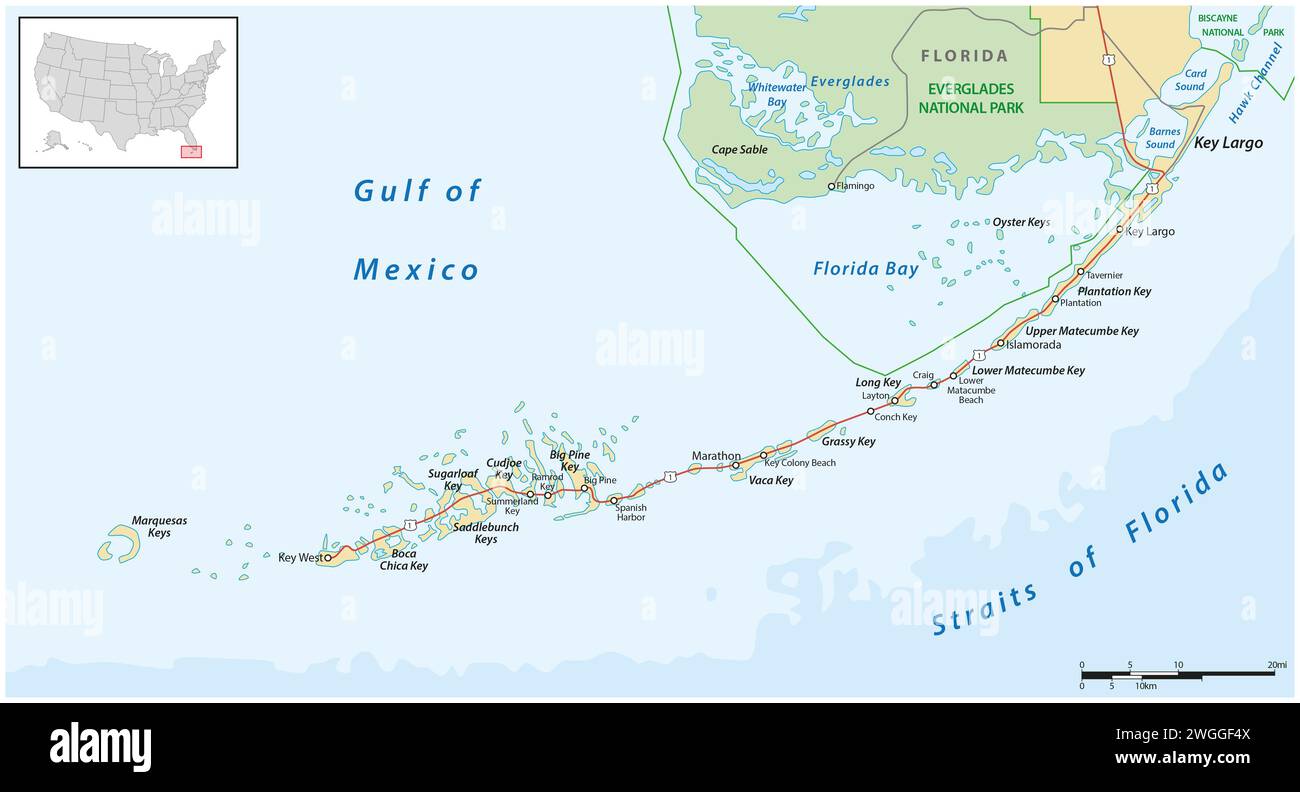 Dettagliati dell'Florida keys road e viaggi mappa vettoriale Foto Stock