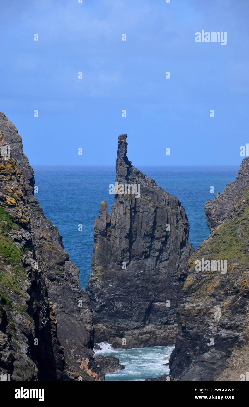 Formazione Pointing Finger Like Rock di Middle Merope Island sul South West Coastal Path vicino a Padstow in Cornovaglia, Inghilterra, Regno Unito. Foto Stock