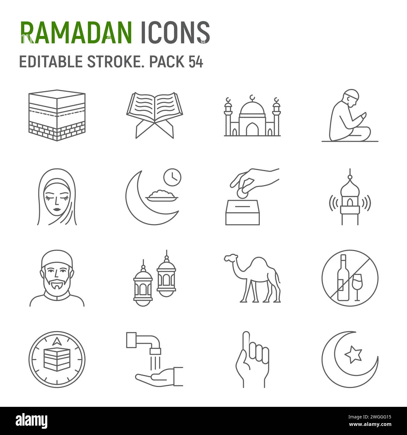 Set di icone di linea Ramadan, collezione islamica, grafica vettoriale, illustrazioni di logo, icone vettoriali musulmane, segni islamici, pittogrammi di contorno, strok modificabile Illustrazione Vettoriale